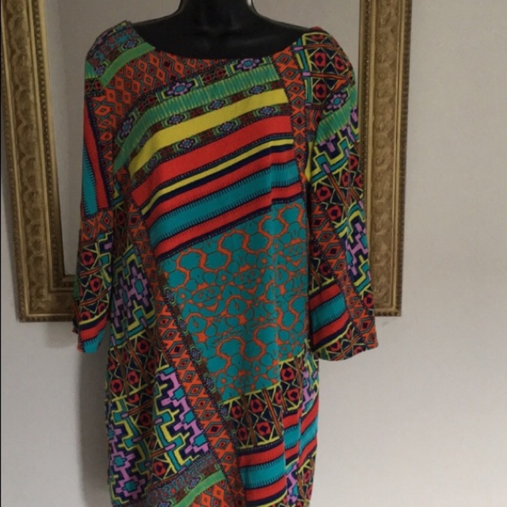 Ark & Company scarf print U back tunic knit 3/4 sleeve dress red yellow blue M